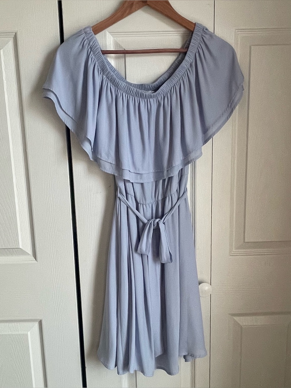 Dry Goods/Lush Pale Blue Off-Shoulder Ruffle Midi Dress